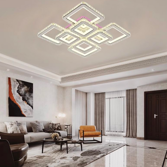 LED chandelier with remote control and crystal LEILA 237W, 8 Squares, Cold/Warm/Neutral light, Dimmable, Shiny Chrome White