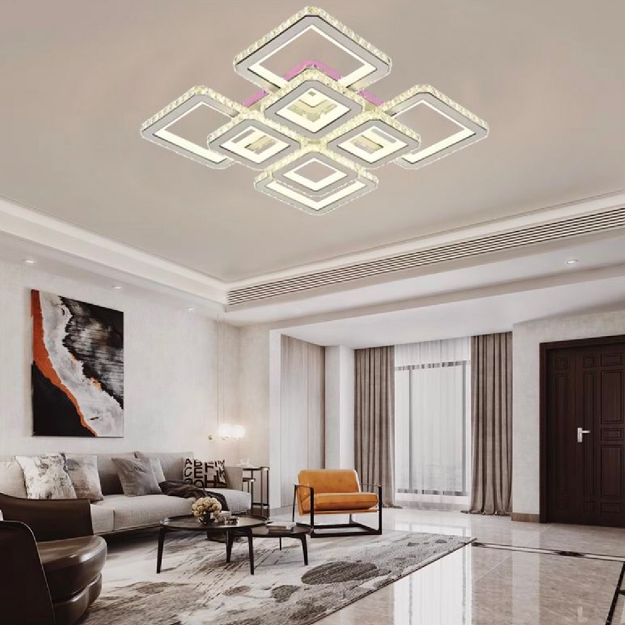 LED chandelier with remote control and crystal LEILA 237W, 8 Squares, Cold/Warm/Neutral light, Dimmable, Shiny Chrome White