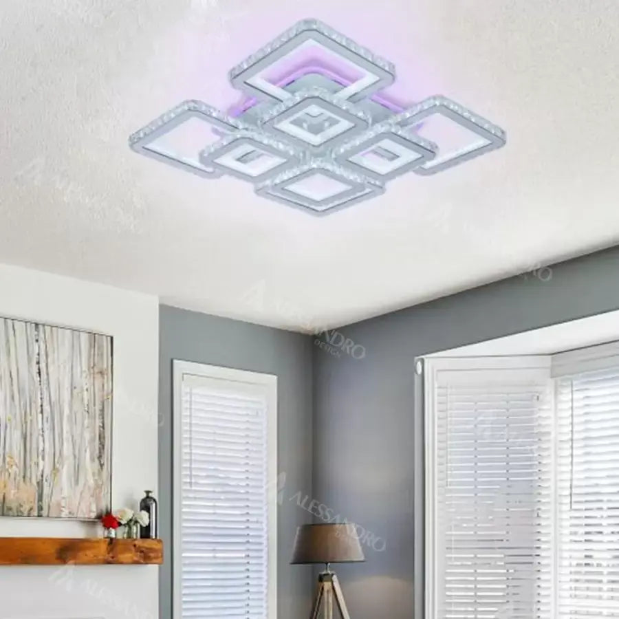 LED chandelier with remote control and crystal LEILA 237W, 8 Squares, Cold/Warm/Neutral light, Dimmable, Shiny Chrome White