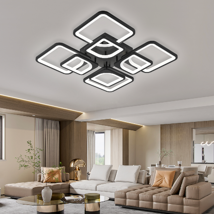 LED chandelier with ZOE remote control, 8 Squares, 130W, Cold/Warm/Neutral Light, Dimmable, Black