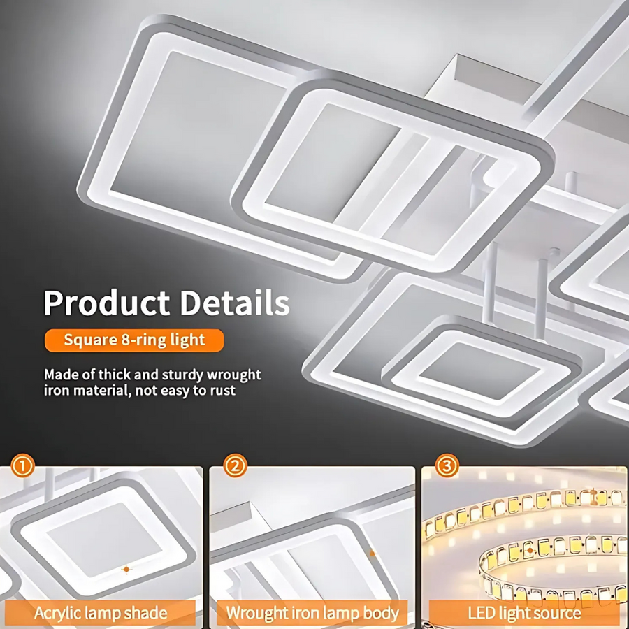 LED chandelier with remote control ELLA 203W, 8 Squares, Cold/Warm/Neutral light, Dimmable, White