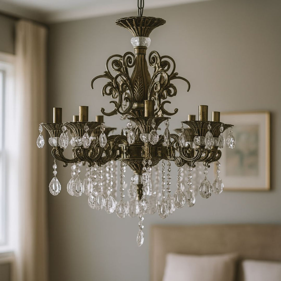 SANSSOUCI Chandelier 8xE14 Metal and Crystal Adjustable Height Antique Brass