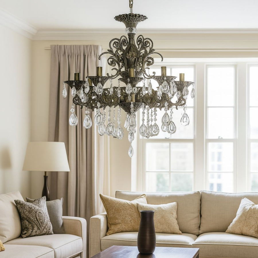 SANSSOUCI Chandelier 8xE14 Metal and Crystal Adjustable Height Antique Brass
