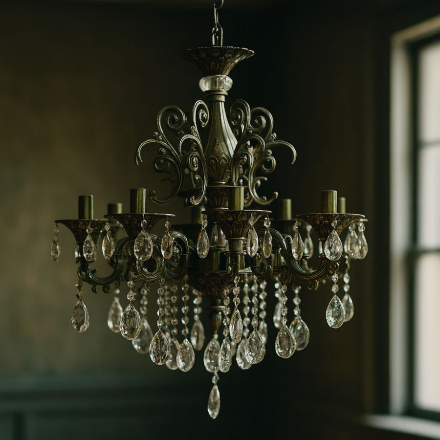 SANSSOUCI Chandelier 8xE14 Metal and Crystal Adjustable Height Antique Brass