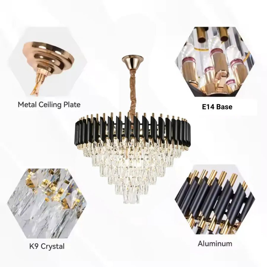 VERSAILLES Magno Crystal Chandelier 8xE27, Diameter 60cm, Glossy Gold and Black, Adjustable Height