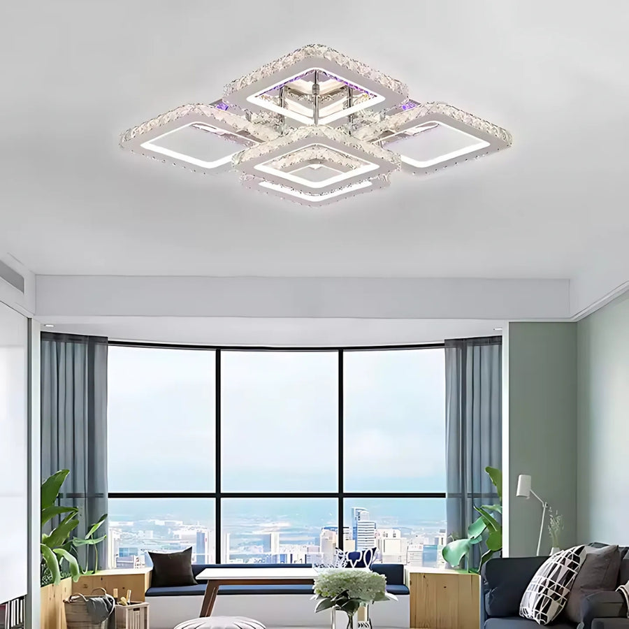 LED chandelier with crystal remote control QUADRIA SUPREMO RGB, 148W, 5 Squares, Cold/Warm/Neutral light, Dimmable, Shiny Chrome