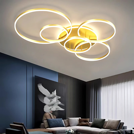 LED Chandelier with DARIO Remote Control, 5 circles, 138W, Warm/Cold/Neutral Light, Dimmable, Gold