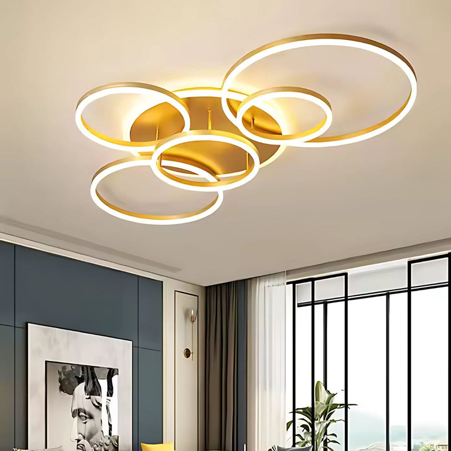 LED Chandelier with DARIO Remote Control, 5 circles, 138W, Warm/Cold/Neutral Light, Dimmable, Gold