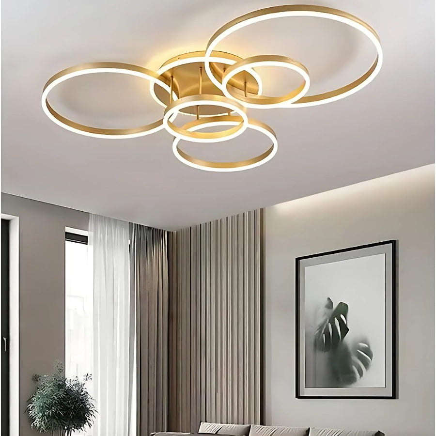 LED Chandelier with DARIO Remote Control, 5 circles, 138W, Warm/Cold/Neutral Light, Dimmable, Gold