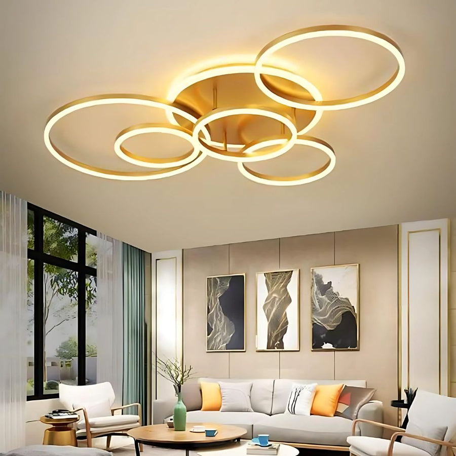 LED Chandelier with DARIO Remote Control, 5 circles, 138W, Warm/Cold/Neutral Light, Dimmable, Gold