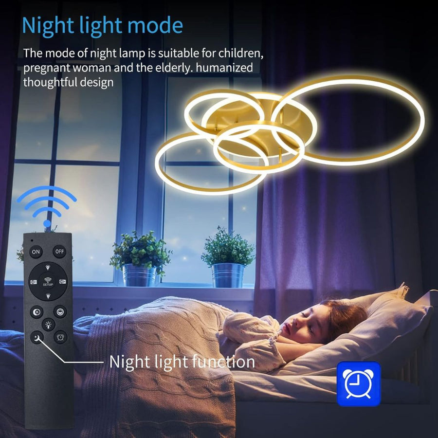 LED Chandelier with DARIO Remote Control, 4 circles, 112W, Warm/Cold/Neutral Light, Dimmable, Gold
