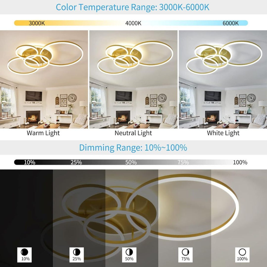 LED Chandelier with DARIO Remote Control, 4 circles, 112W, Warm/Cold/Neutral Light, Dimmable, Gold