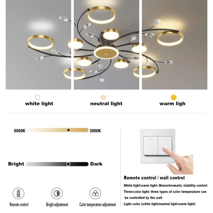 KARINA LED Chandelier with Remote Control, 68W, 10 Elements, Warm/Cold/Neutral Light, Dimmable, Gold