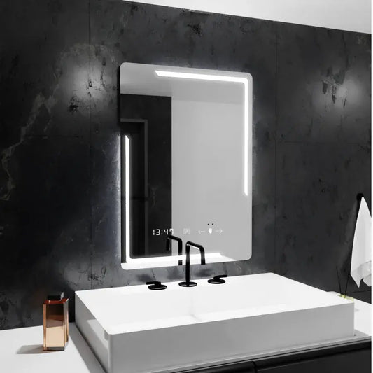 Rectangular LED mirror, 60x80cm, Rayonnement MotionGlow Marcello, Demister System, Clock & Thermometer, Dimmable