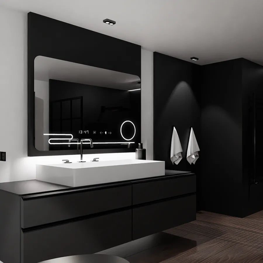 Rectangular LED Mirror, 120x80cm, Harmonie MotionGlow Marcello, Demister System, Clock & Thermometer, Cosmetic Magnifier, Dimmable