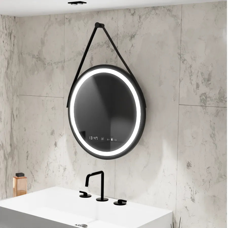 LED Round Mirror, 60cm, Celeste Majeste Noir Eleve MotionGlow Marcello, Demister System, Clock & Thermometer, Dimmable