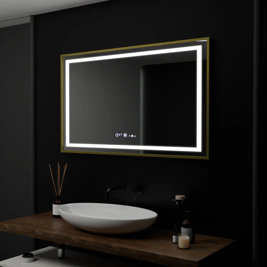 Rectangular LED Mirror, 100x80cm, Verite Royale Gold Motion Glow Marcello, Demister System, Clock & Thermometer, Dimmable
