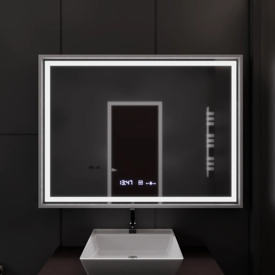 Rectangular LED mirror, 120x80cm, Verite Imperial Silver Motion Glow Marcello, Demister System, Clock & Thermometer, Dimmable