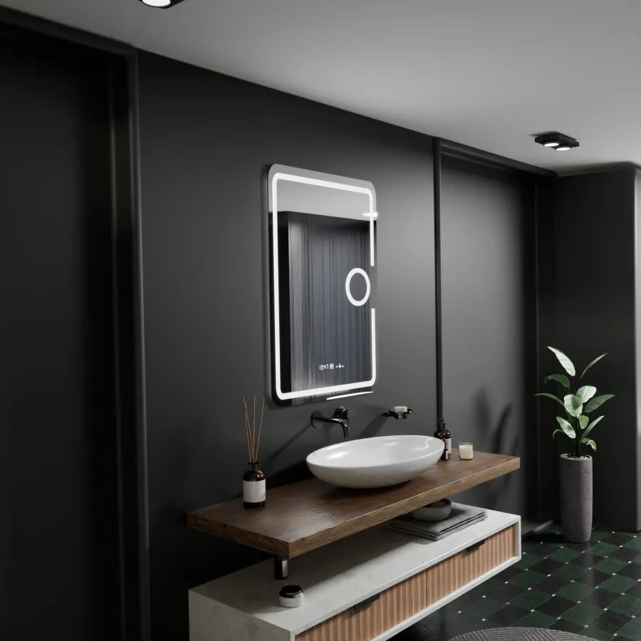 Rectangular LED mirror, 50x70cm, Eclat MotionGlow Marcello, Demister System, Clock & Thermometer, Cosmetic Magnifier, Dimmable