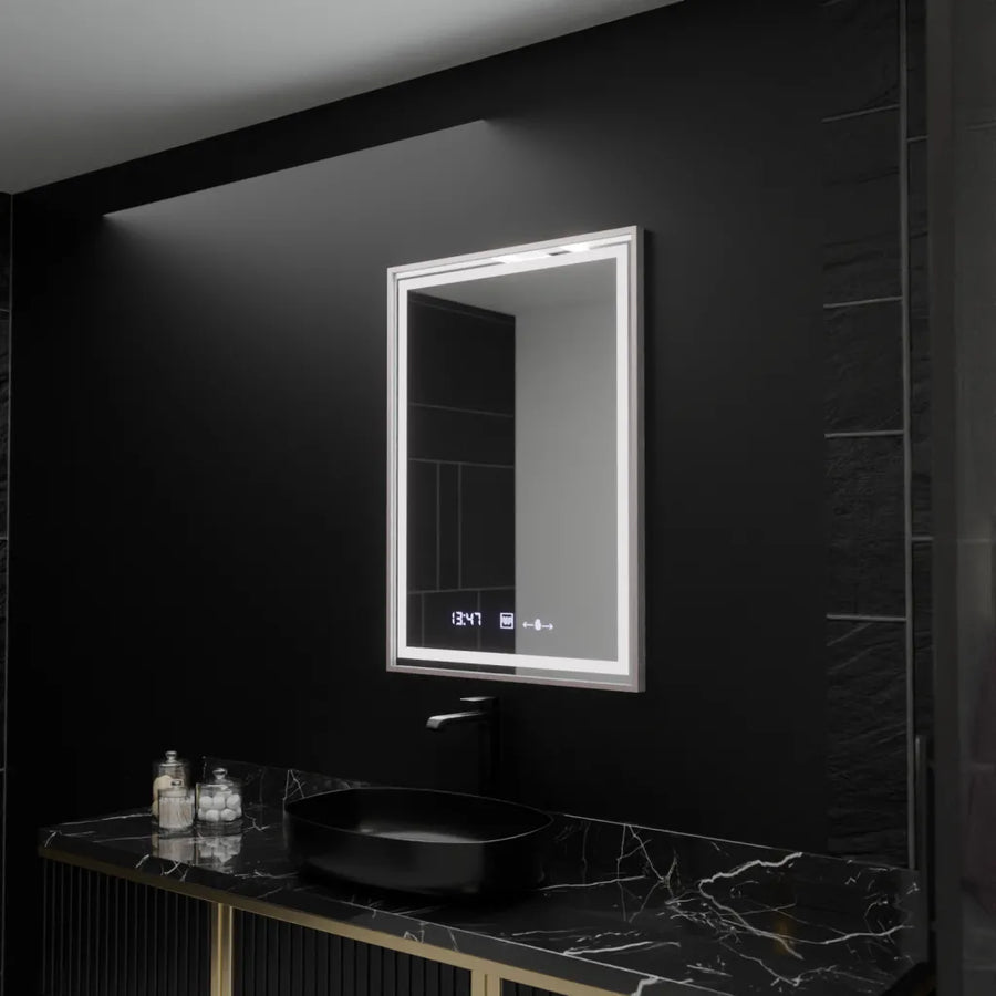 Rectangular LED mirror, 60x80cm, Verite Imperial Silver Motion Glow Marcello, Demister System, Clock & Thermometer, Dimmable