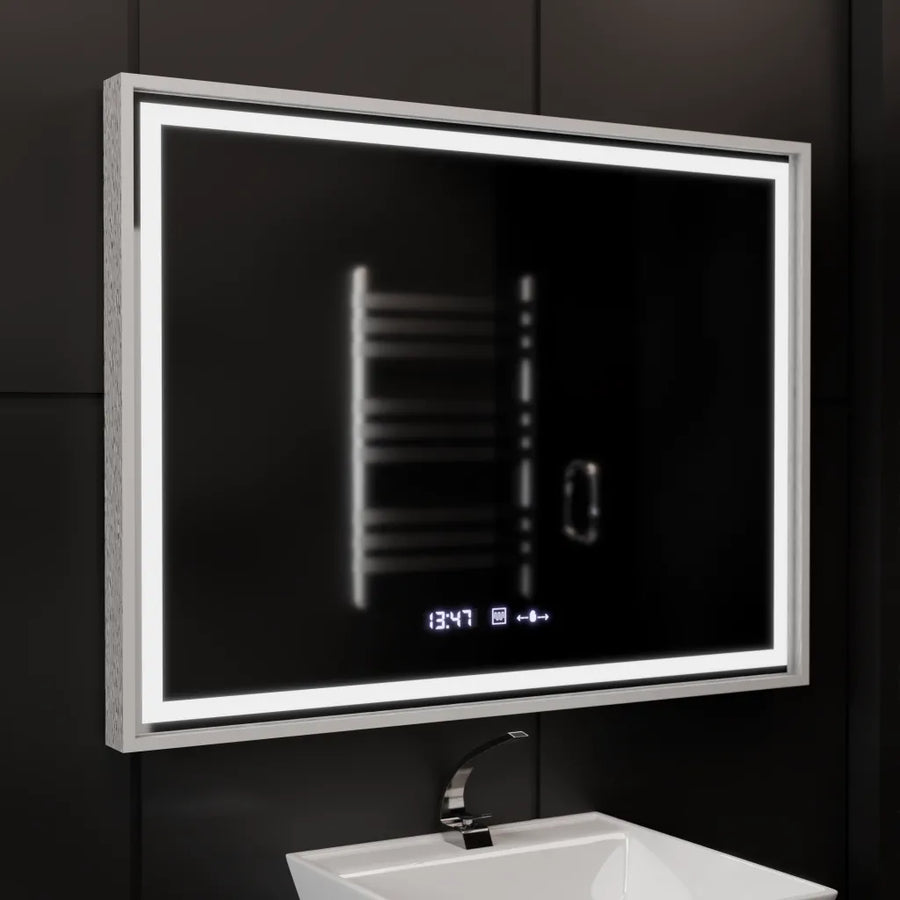 Rectangular LED Mirror, 80x60cm, Verite Imperial Silver Motion Glow Marcello, Demister System, Clock & Thermometer, Dimmable