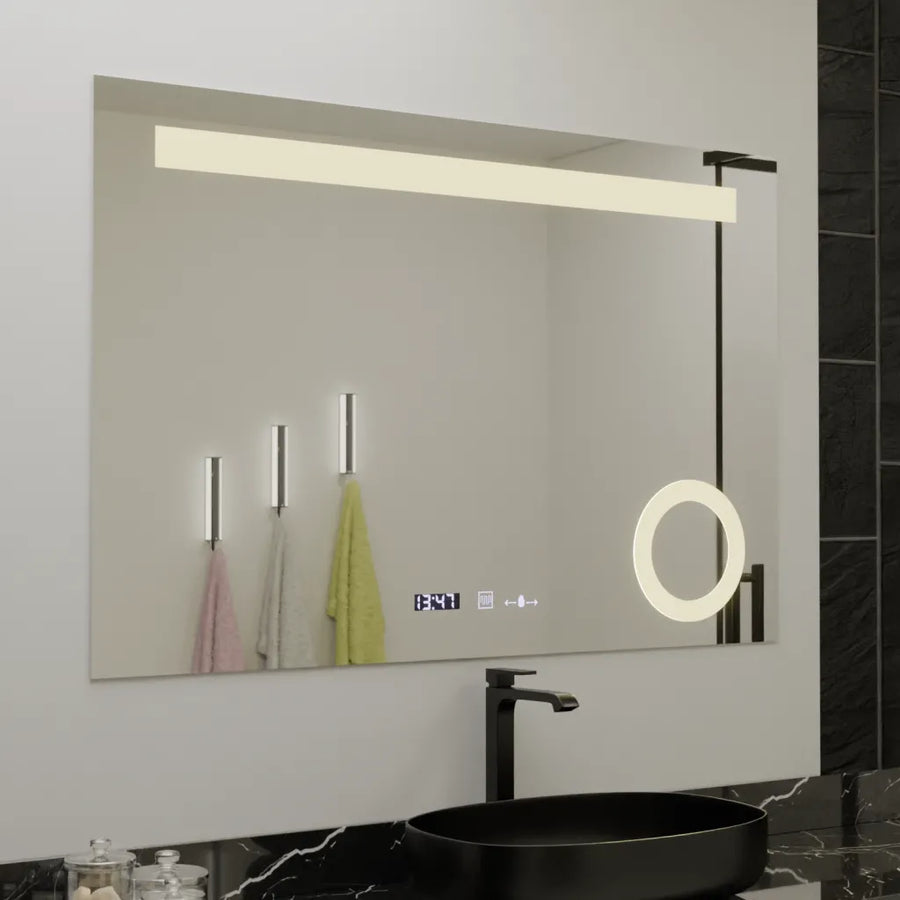 Rectangular LED mirror, 120x80cm, ABSOLU MotionGlow Marcello, Demister System, Clock & Thermometer, Cosmetic Magnifier, Dimable