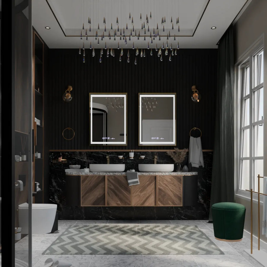 Rectangular LED mirror, 50x70cm, Verite Royale Gold Motion Glow Marcello, Demister System, Clock & Thermometer, Dimmable