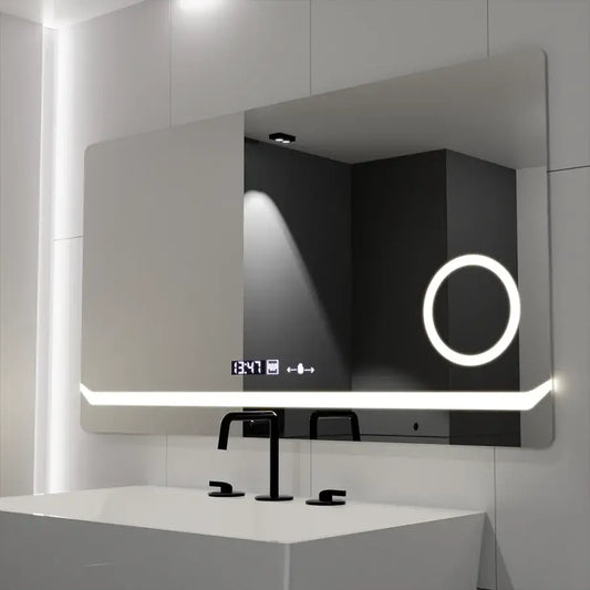 Rectangular LED mirror, 80x60cm, Definition MotionGlow Marcello, Demister System, Clock & Thermometer, Cosmetic Magnifier, Dimmable