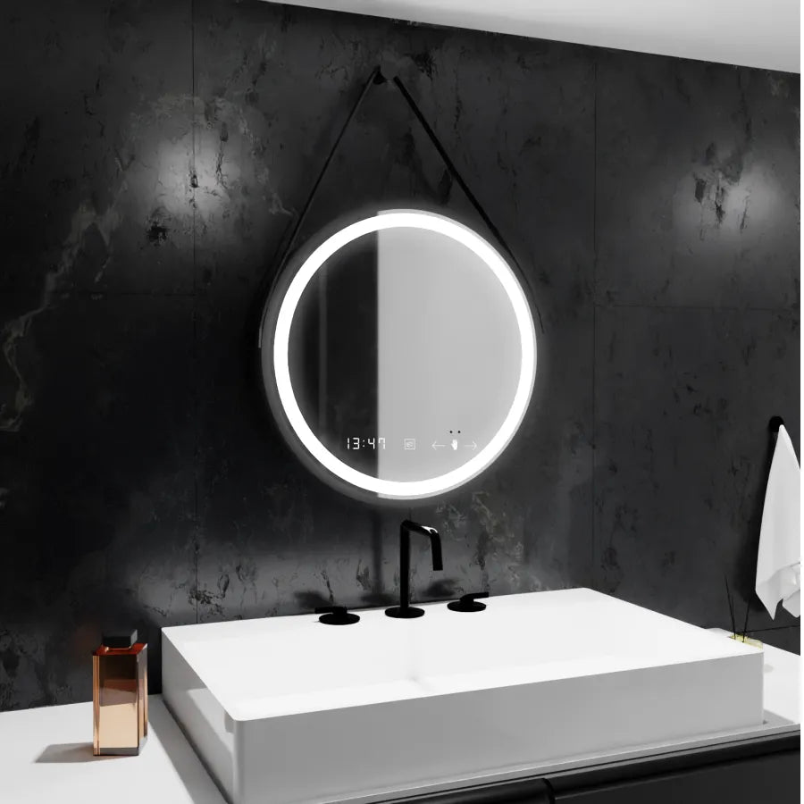 LED Round Mirror, 50cm, Celeste Majeste Noir Eleve MotionGlow Marcello, Demister System, Clock & Thermometer, Dimmable