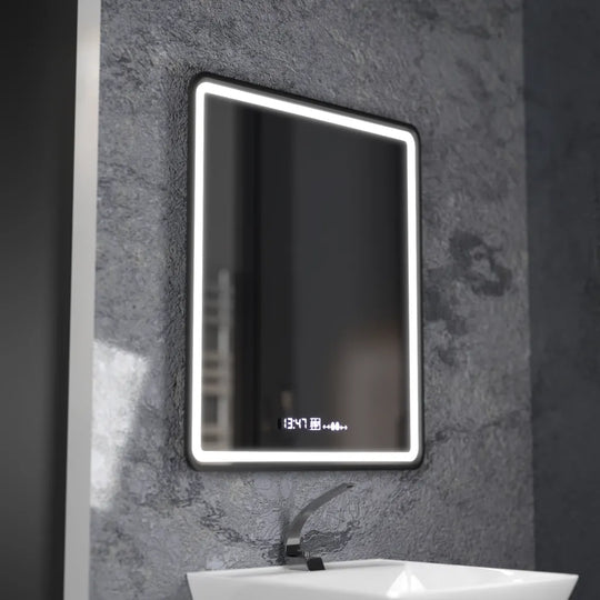 Rectangular LED mirror, 75x90cm, Favola MotionGlow Marcello, Demister System, Clock & Thermometer, Dimable
