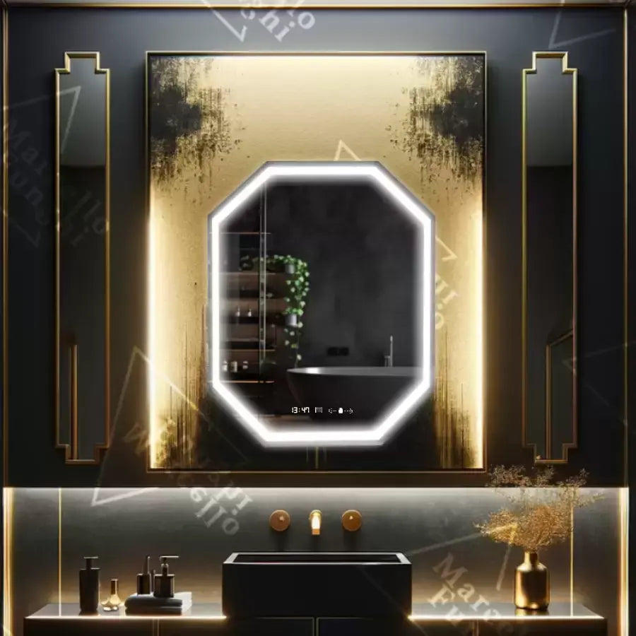 Polygon LED mirror, 60x80cm, Ralya MotionGlow Marcello sensor, De-fogging system, Clock & Thermometer, Dimabila