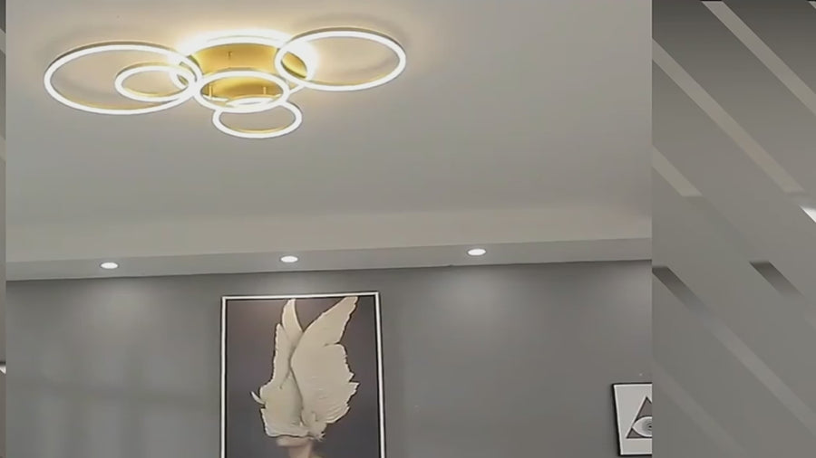 LED Chandelier with DARIO Remote Control, 5 circles, 138W, Warm/Cold/Neutral Light, Dimmable, Gold