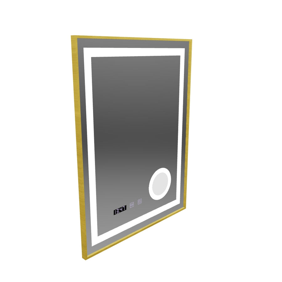 CLARUS LED Touch Mirror De-fogging System, Clock and Temperature 60x80 cm Golden Frame Brushed Cosmetic Magnifier