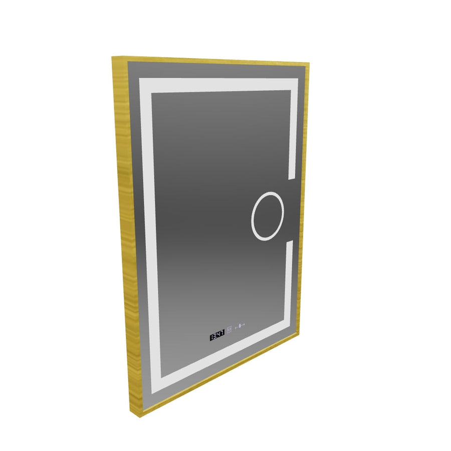 Rectangular LED mirror, 60x80cm, Eclat MotionGlow Marcello, Demister System, Clock & Thermometer, Cosmetic Magnifier, Dimable, Brushed Gold Frame