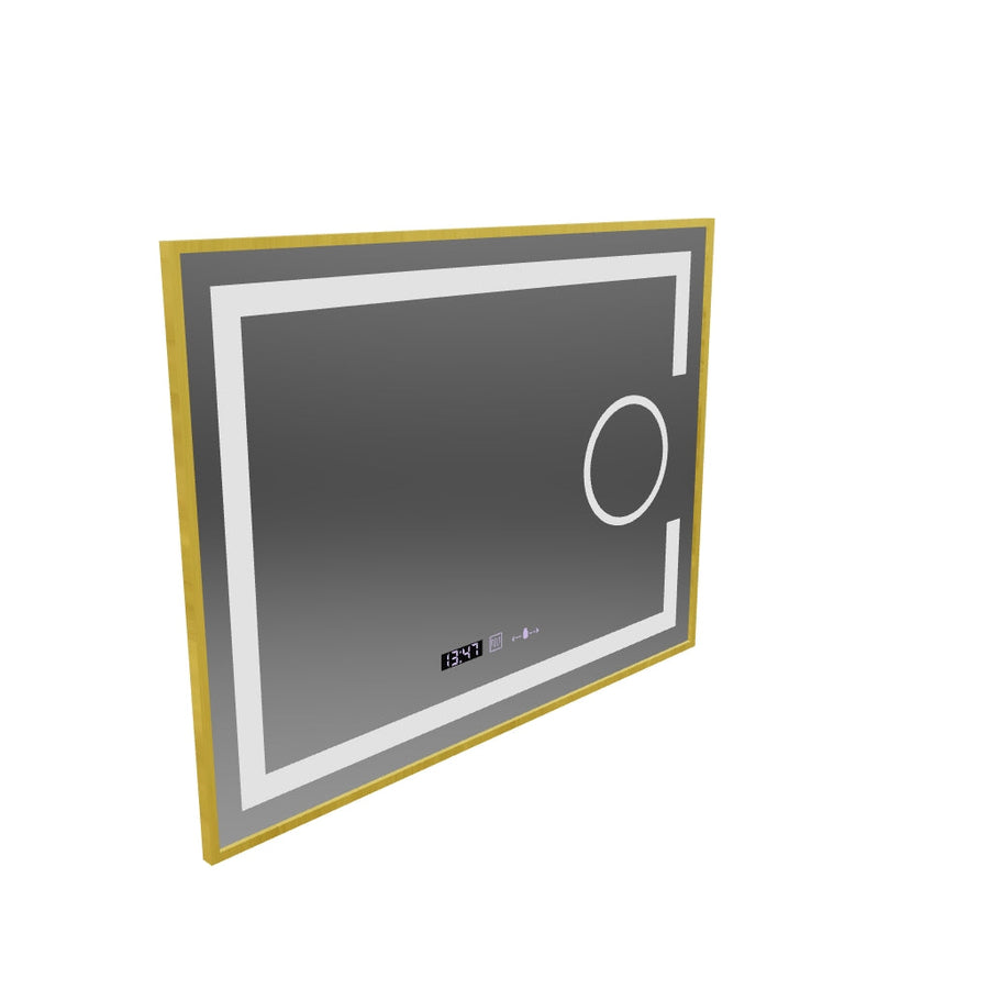 Rectangular LED mirror, 80x60cm, Eclat MotionGlow Marcello, Demisting System, Clock & Thermometer, Cosmetic Magnifier, Dimable, Brushed Gold Frame