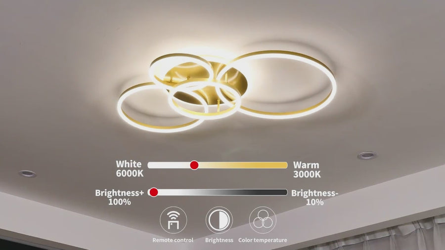 LED Chandelier with DARIO Remote Control, 4 circles, 112W, Warm/Cold/Neutral Light, Dimmable, Gold