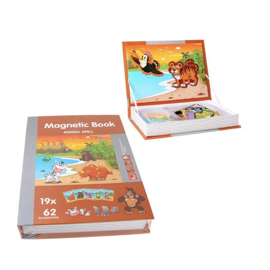 Wild Animal Spell Magnetic Book Puzzle, 62 Pieces and 19 Cards, Multicolor