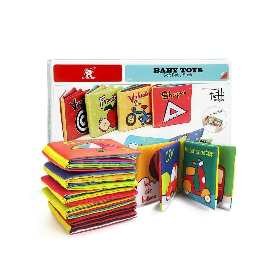Set of 6 Textile Cards with Vehicles, Geometric Shapes, Visual Images, Numbers, Animals and Fruits, 6 Pieces, Textile