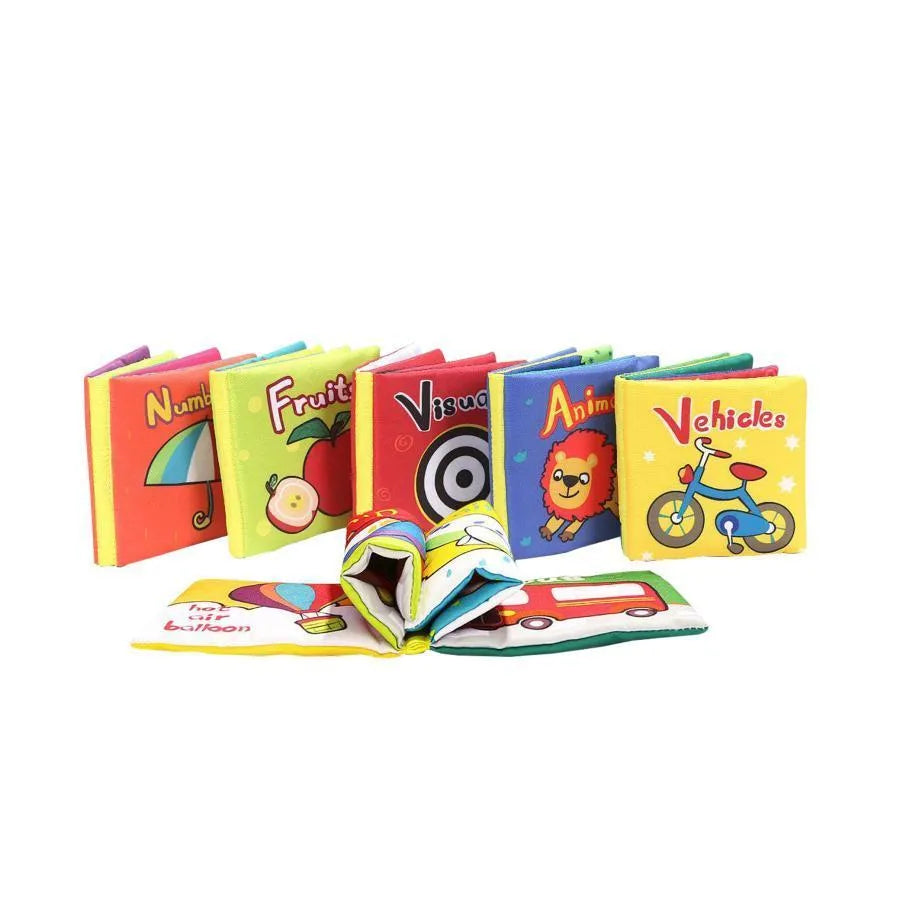 Set of 6 Textile Cards with Vehicles, Geometric Shapes, Visual Images, Numbers, Animals and Fruits, 6 Pieces, Textile