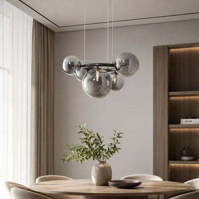 Chandelier with Round Shade, VENERE Zodiaco, 1 Circle 5xG9, Metal, Black, Adjustable Height