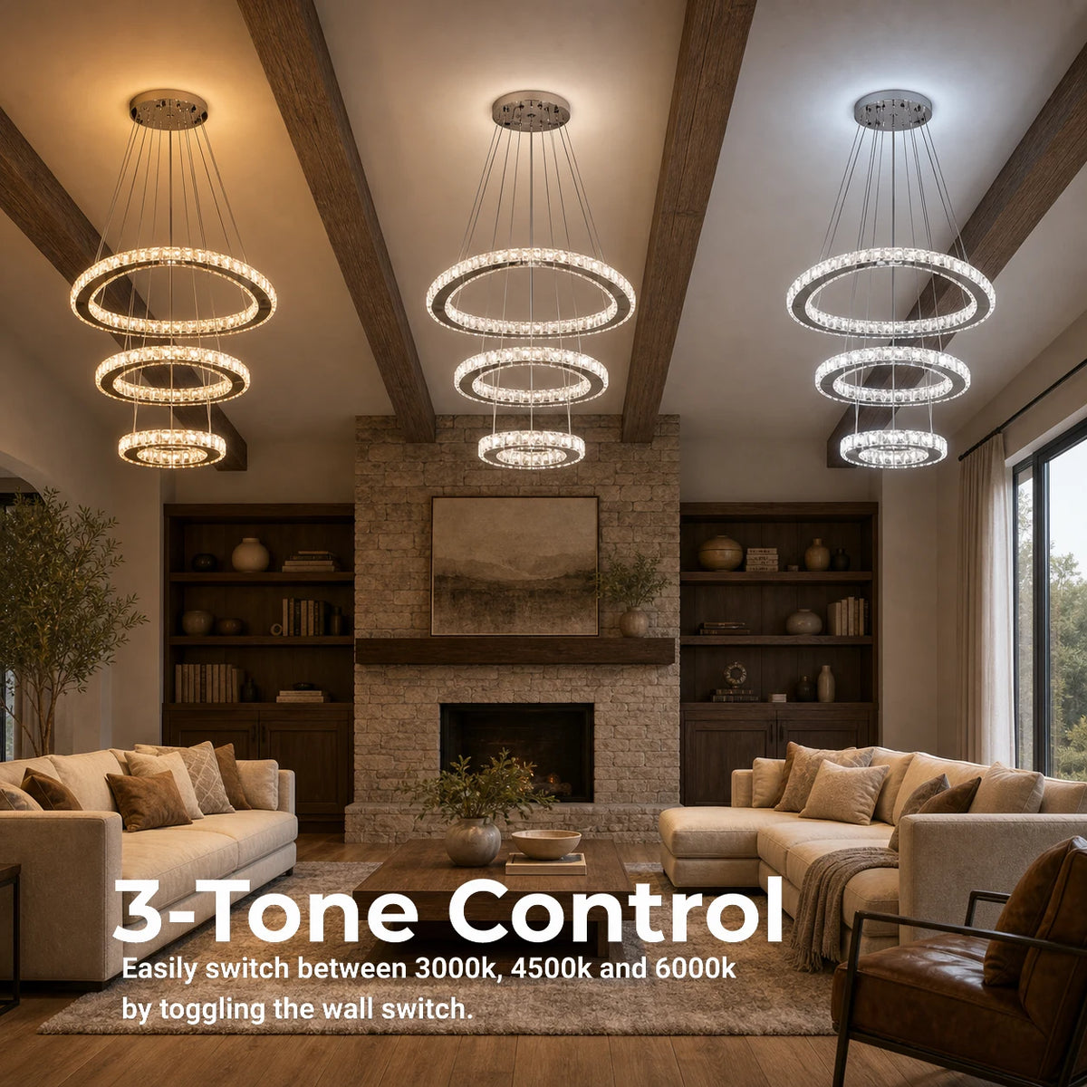 Suspended LED chandelier with remote control and crystal PRISM LUMORA 63W, 3 Circles, Cold/Warm/Neutral light, Dimmable, Shiny Chrome, Adjustable Height - 01_LLC131-3CH.png