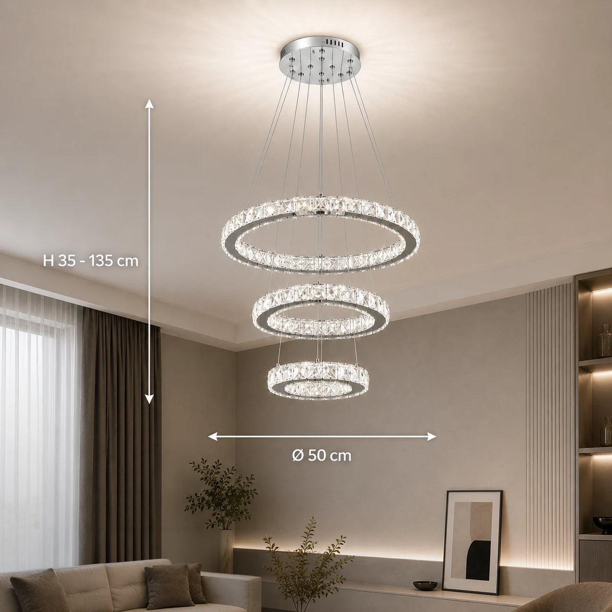Suspended LED chandelier with remote control and crystal PRISM LUMORA 63W, 3 Circles, Cold/Warm/Neutral light, Dimmable, Shiny Chrome, Adjustable Height - 02_LLC131-3CH.png