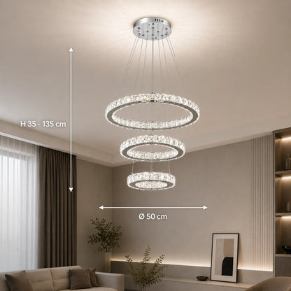 Suspended LED chandelier with remote control and crystal PRISM LUMORA 63W, 3 Circles, Cold/Warm/Neutral light, Dimmable, Shiny Chrome, Adjustable Height - 02_LLC131-3CH.png