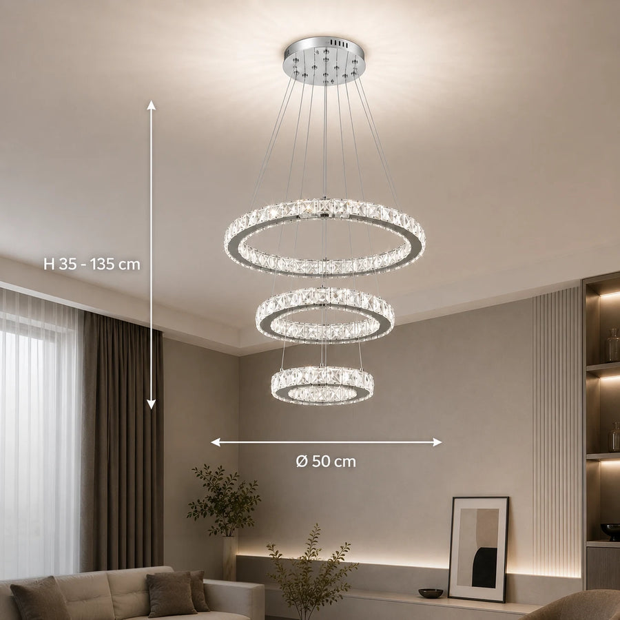 Suspended LED chandelier with remote control and crystal PRISM LUMORA 63W, 3 Circles, Cold/Warm/Neutral light, Dimmable, Shiny Chrome, Adjustable Height - 02_LLC131-3CH.png