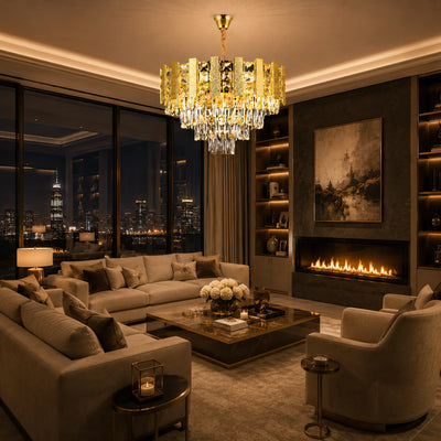 Crystal Chandelier PELES Petito 3xE14, Diameter 27cm, Shiny Gold, Adjustable Height