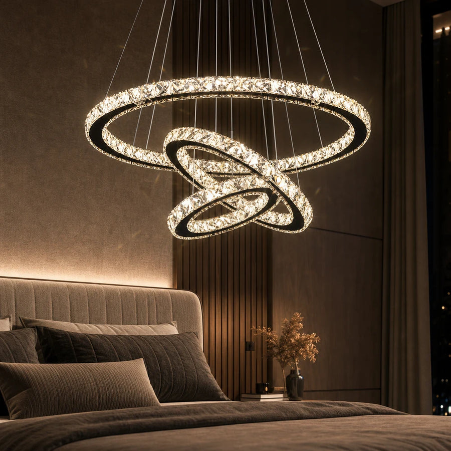 Suspended LED chandelier with remote control and crystal PRISM LUMINIS 79W, 3 Circles, Cold/Warm/Neutral light, Dimmable, Chrome, Adjustable Height - 03_LT029.png