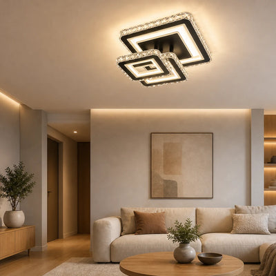 LED chandelier with remote control and crystal LEILA 88W, 3 Squares, Cold/Warm/Neutral light, Dimmable, Glossy Black Chrome
