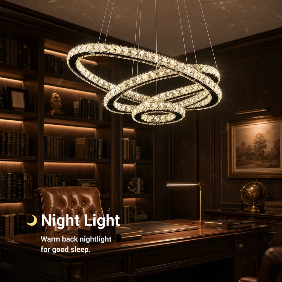 Suspended LED chandelier with remote control and crystal PRISM LUMINIS 79W, 3 Circles, Cold/Warm/Neutral light, Dimmable, Chrome, Adjustable Height - 04_LT029.png