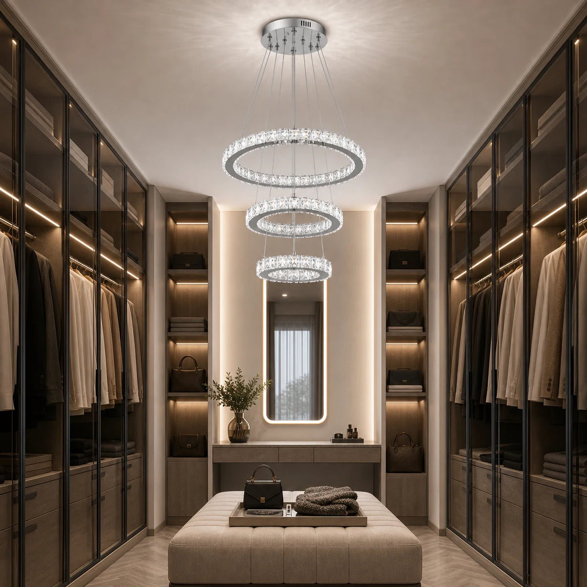 Suspended LED chandelier with remote control and crystal PRISM LUMORA 63W, 3 Circles, Cold/Warm/Neutral light, Dimmable, Shiny Chrome, Adjustable Height - 07_LLC131-3CH.png