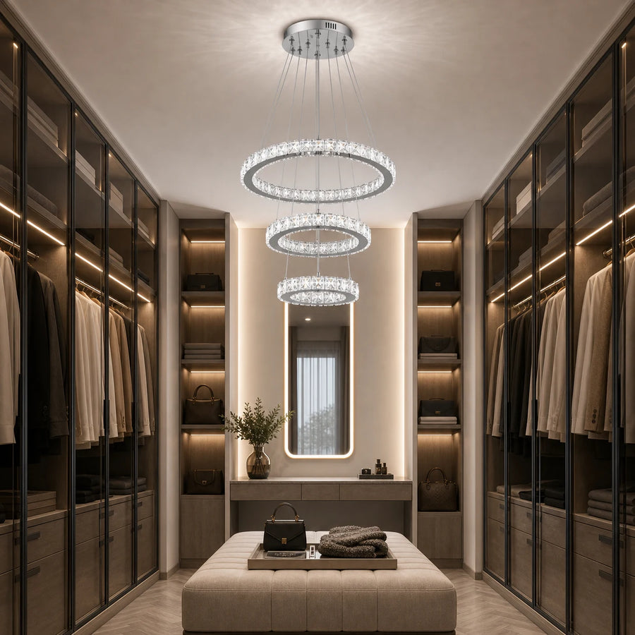 Suspended LED chandelier with remote control and crystal PRISM LUMORA 63W, 3 Circles, Cold/Warm/Neutral light, Dimmable, Shiny Chrome, Adjustable Height - 07_LLC131-3CH.png